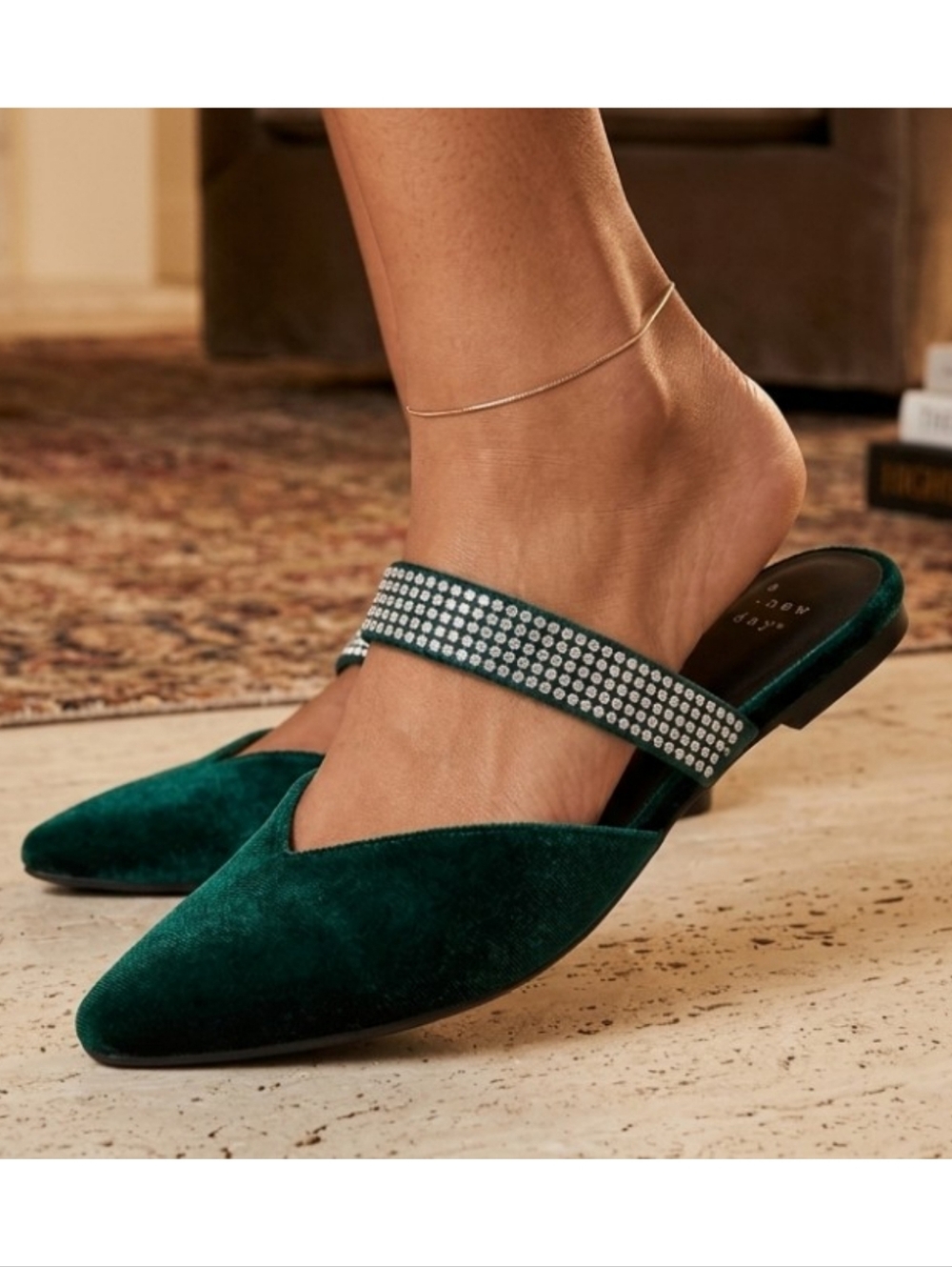 A New Day Green Velvet Rhinestone Strap Mules
